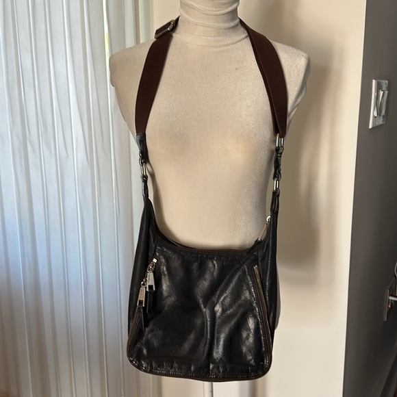 HOBO BLACK LEATHER VINTAGE CROSSBODY BROWN CANVAS STRAP
